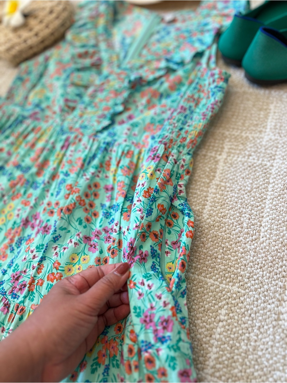 J. Crew Mint Green Floral Ruffle Dress with Pockets Size 14 - Picture 2 of 12